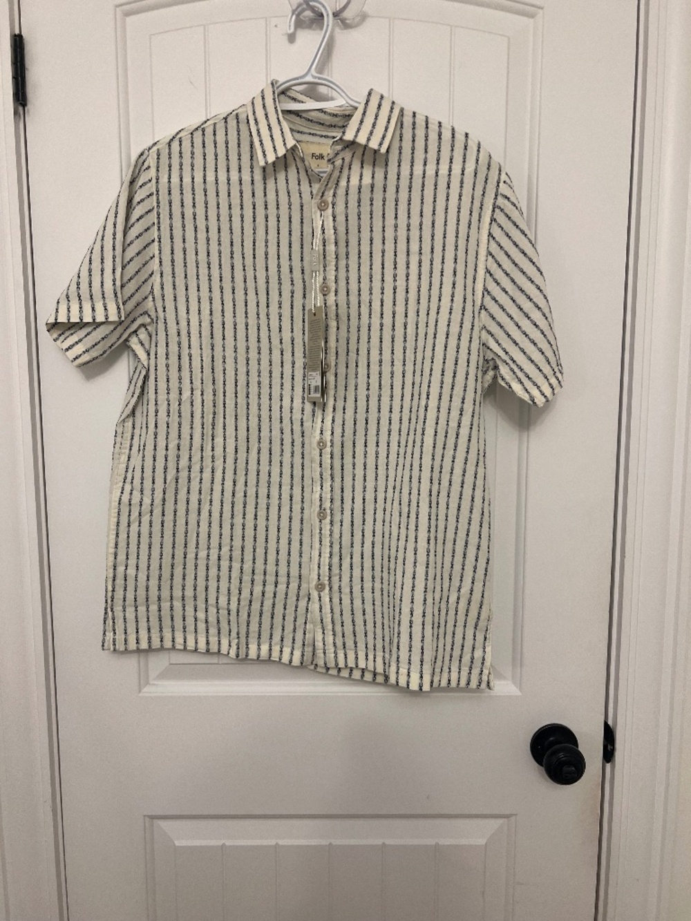 Folk Cream Button-Up Short Sleeve Shirt with Navy Stripe